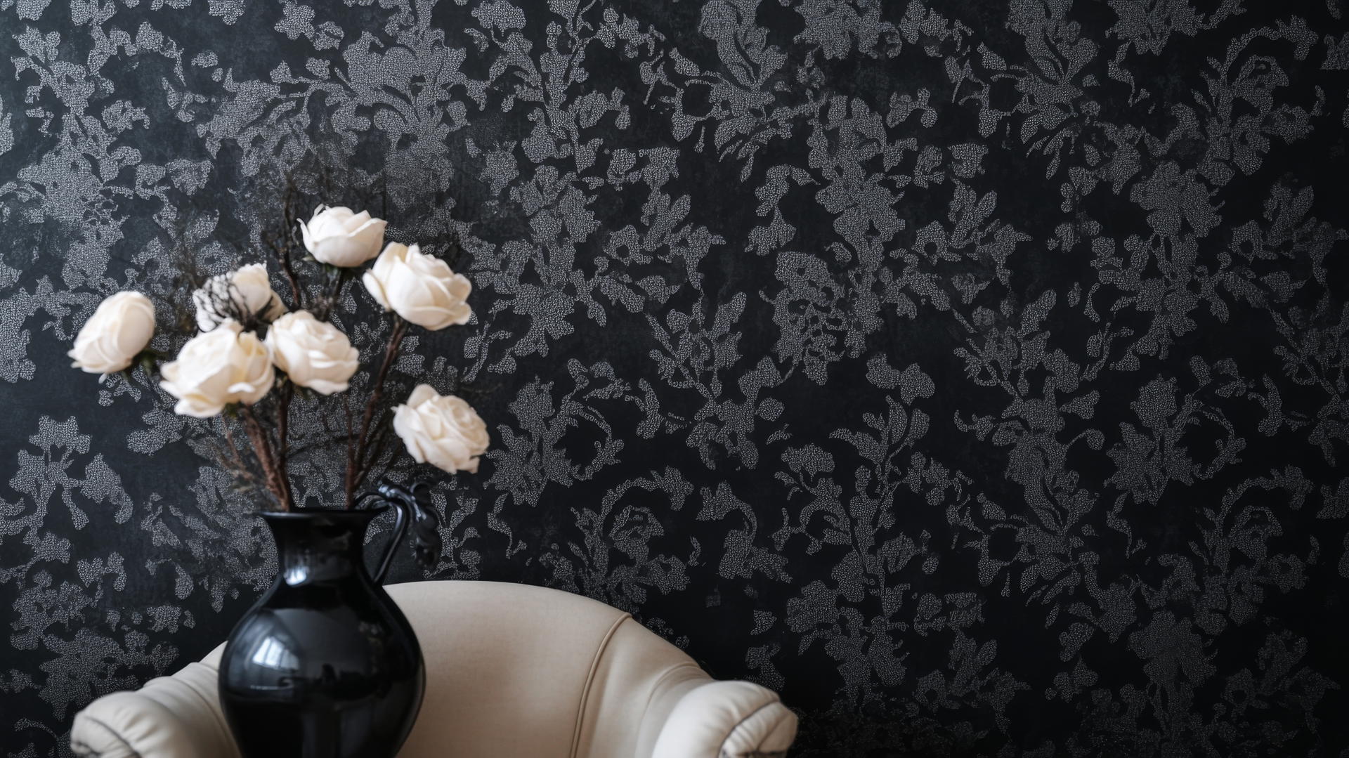 black wallpaper for girls with delicate lace patterns and silver highlights