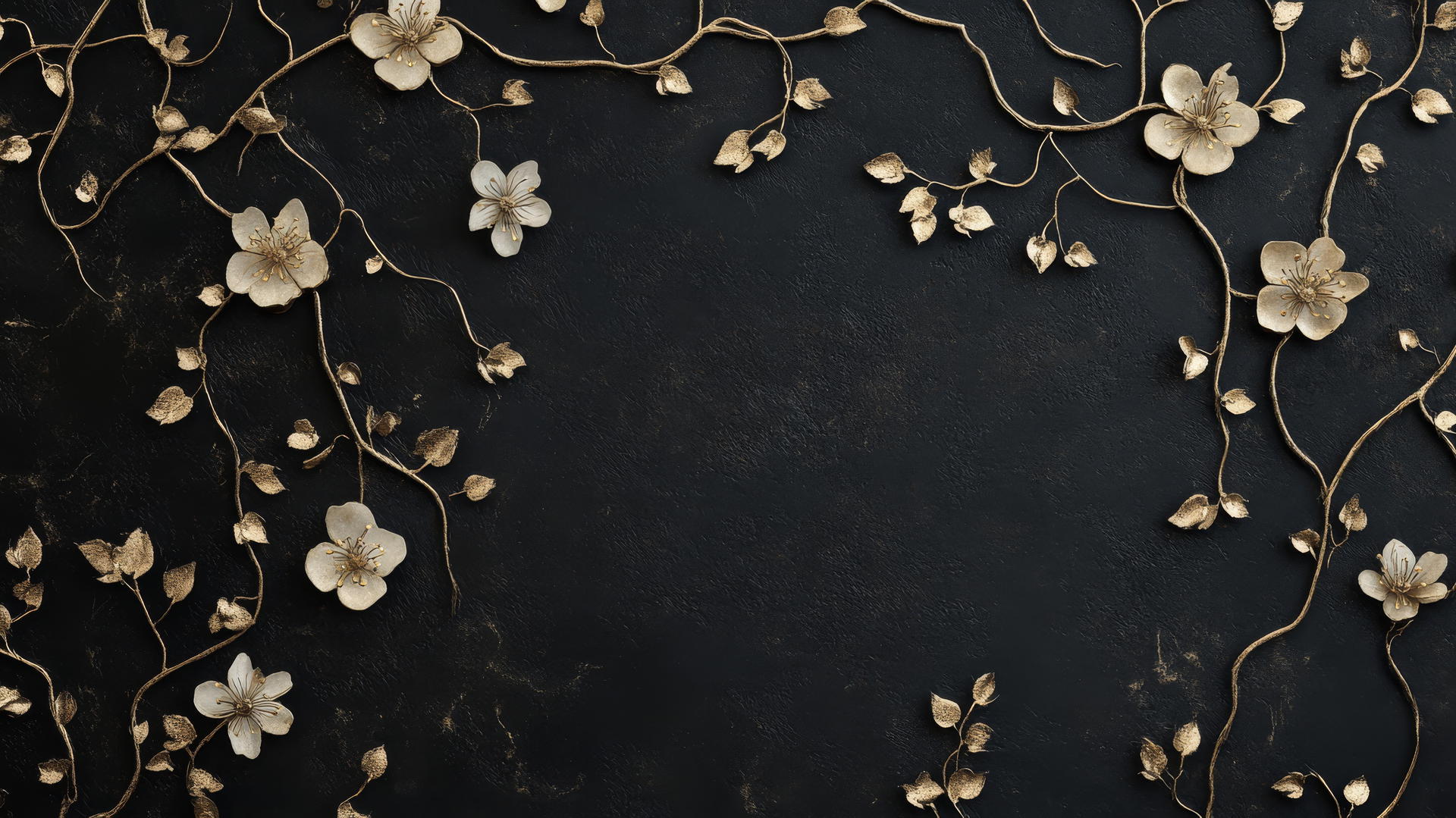 black wallpaper for girls with delicate vines and muted gold flowers