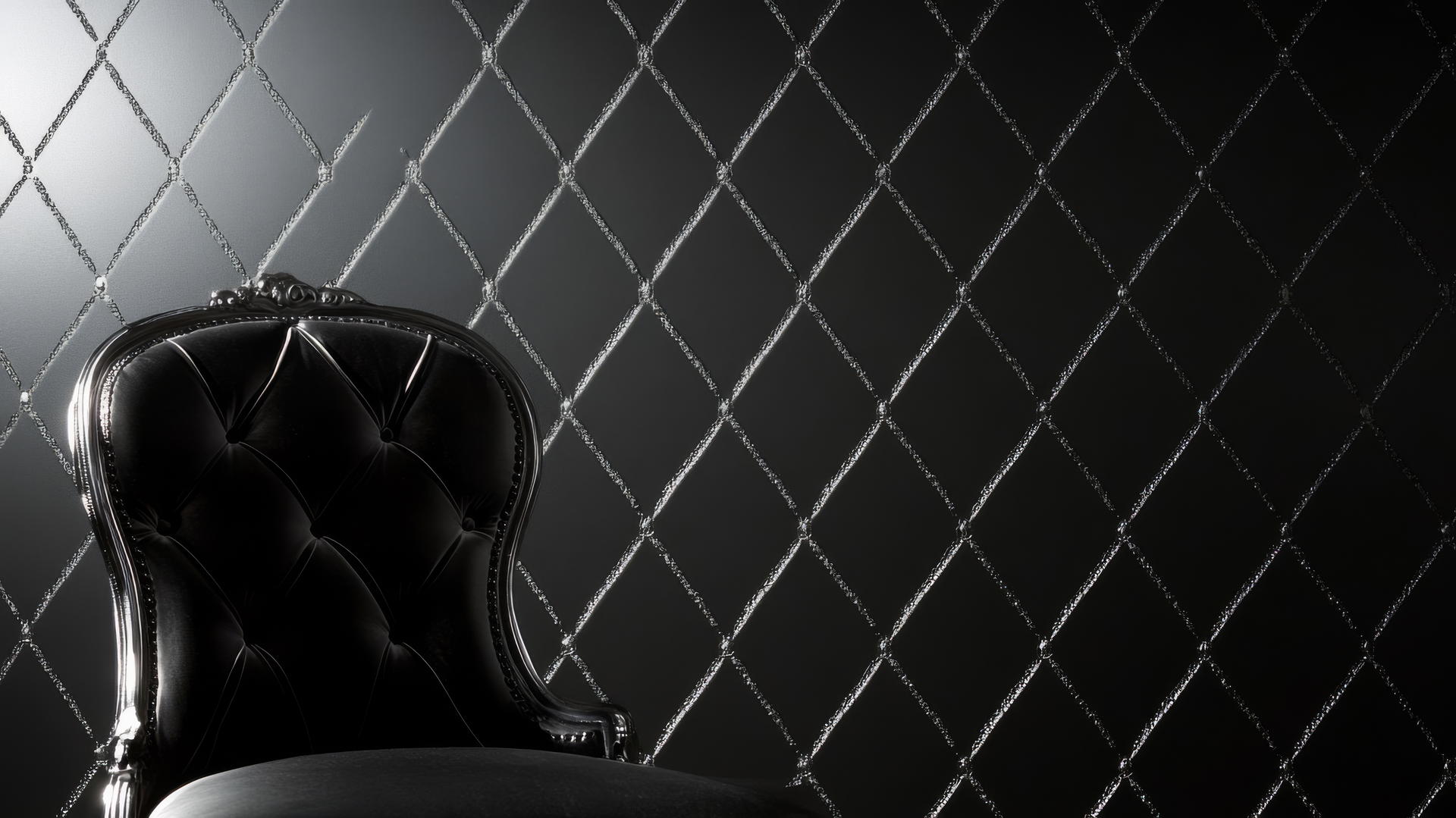 A black wallpaper for girls with metallic silver accents and a repeating diamond pattern.