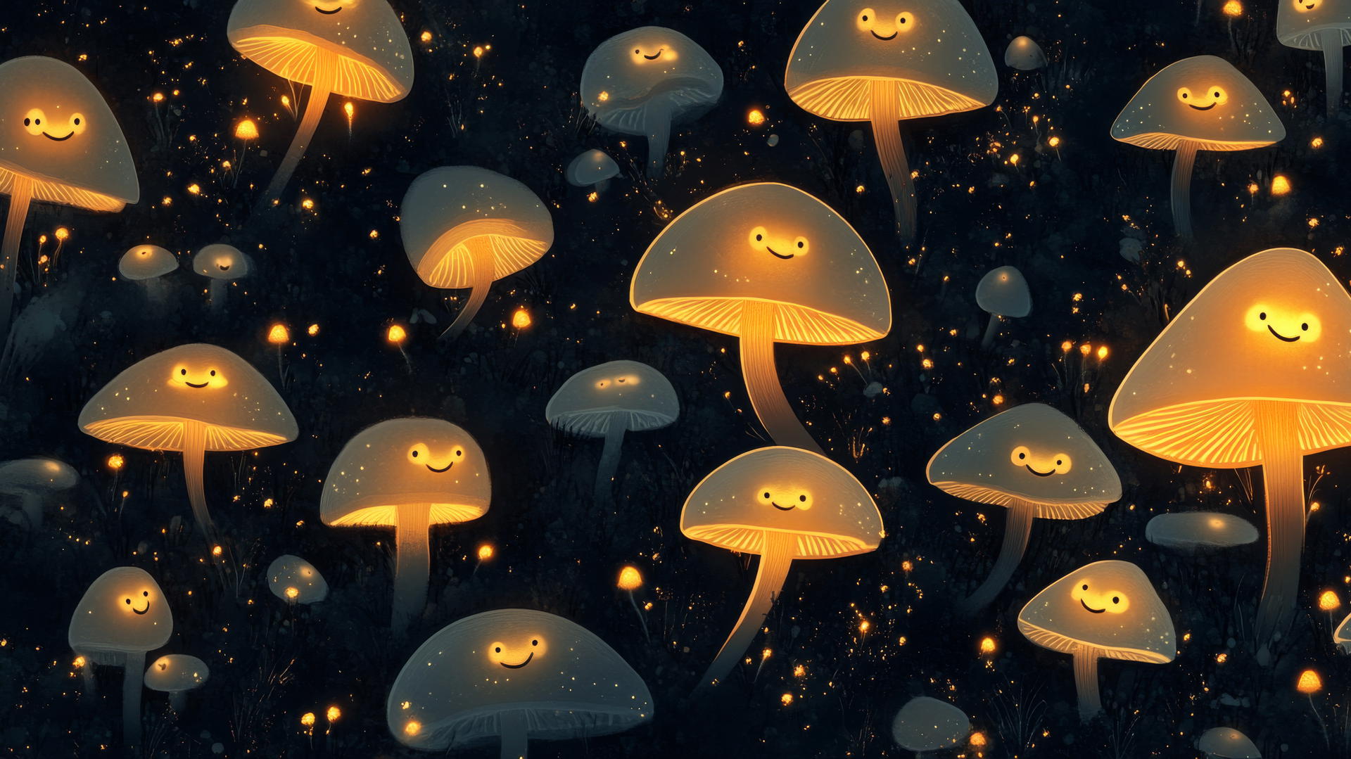 Cute black wallpaper with tiny glowing mushrooms smiling