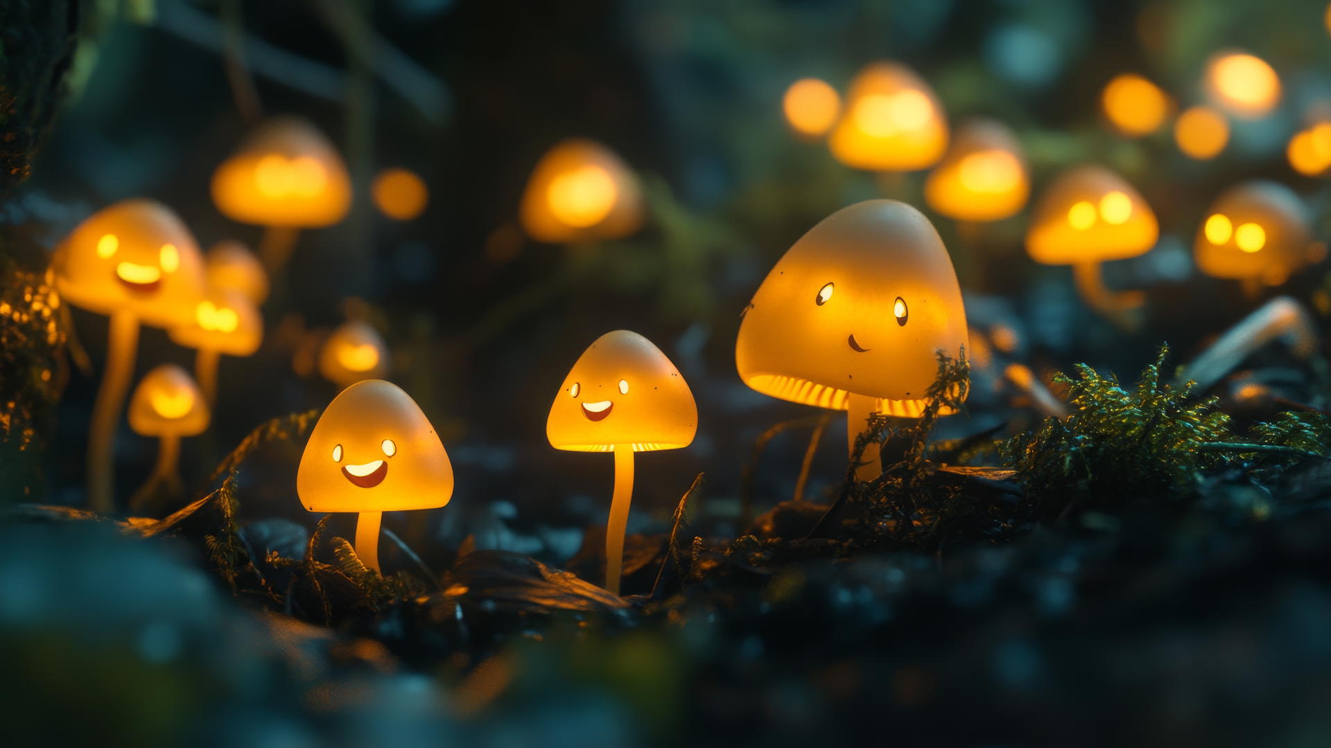 Cute black wallpaper with tiny glowing mushrooms in a dark forest