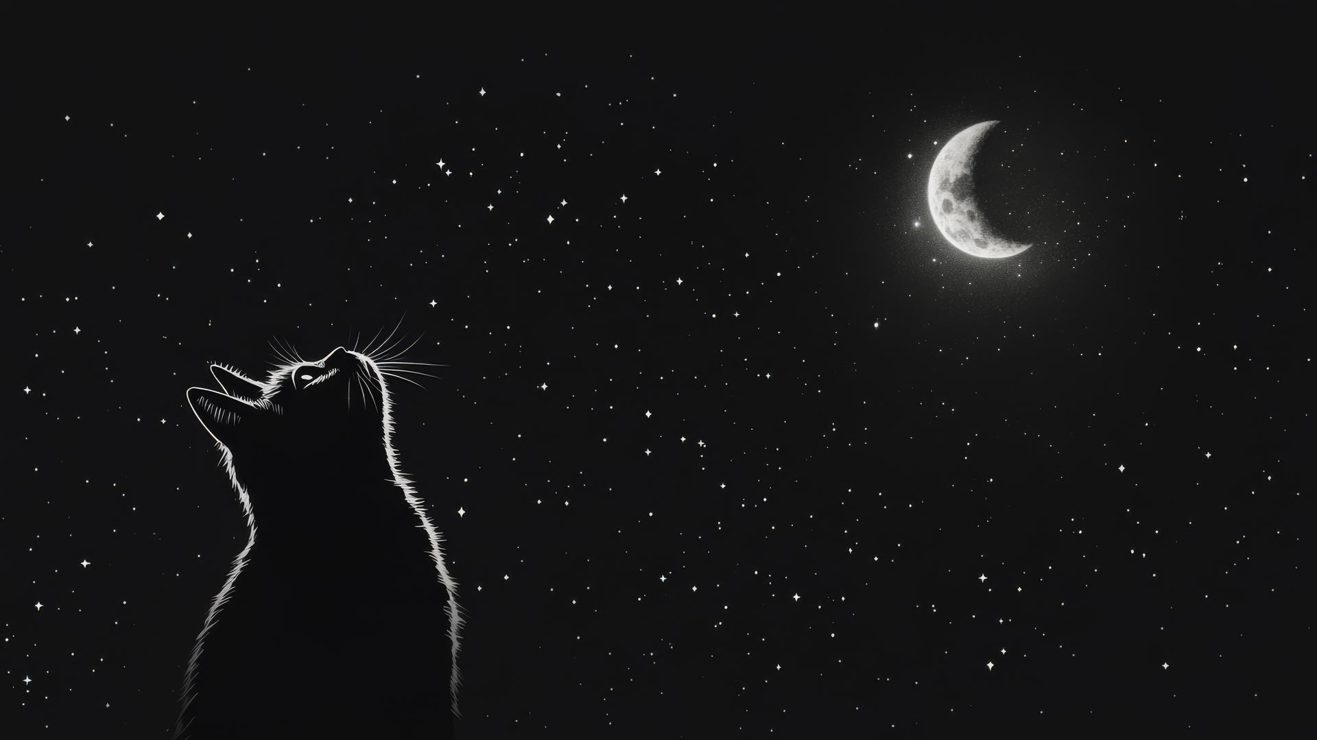 Cute black wallpaper with glowing moon, sparkling stars, and cat silhouette