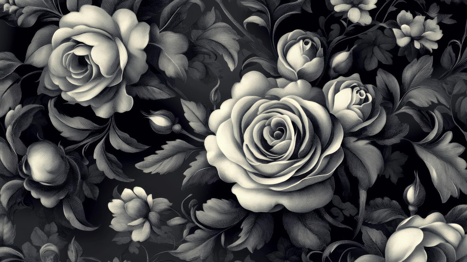 Ornate black and white floral wallpaper with baroque roses and swirling leaves