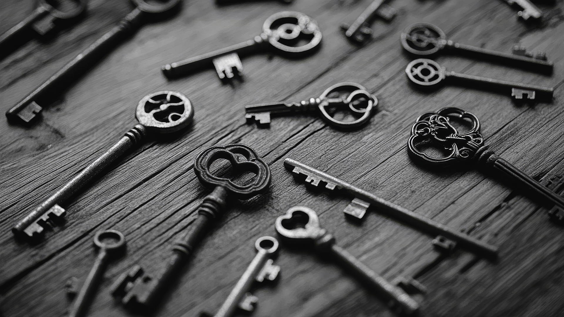 old-fashioned keys on wooden table, black and white aesthetic wallpaper