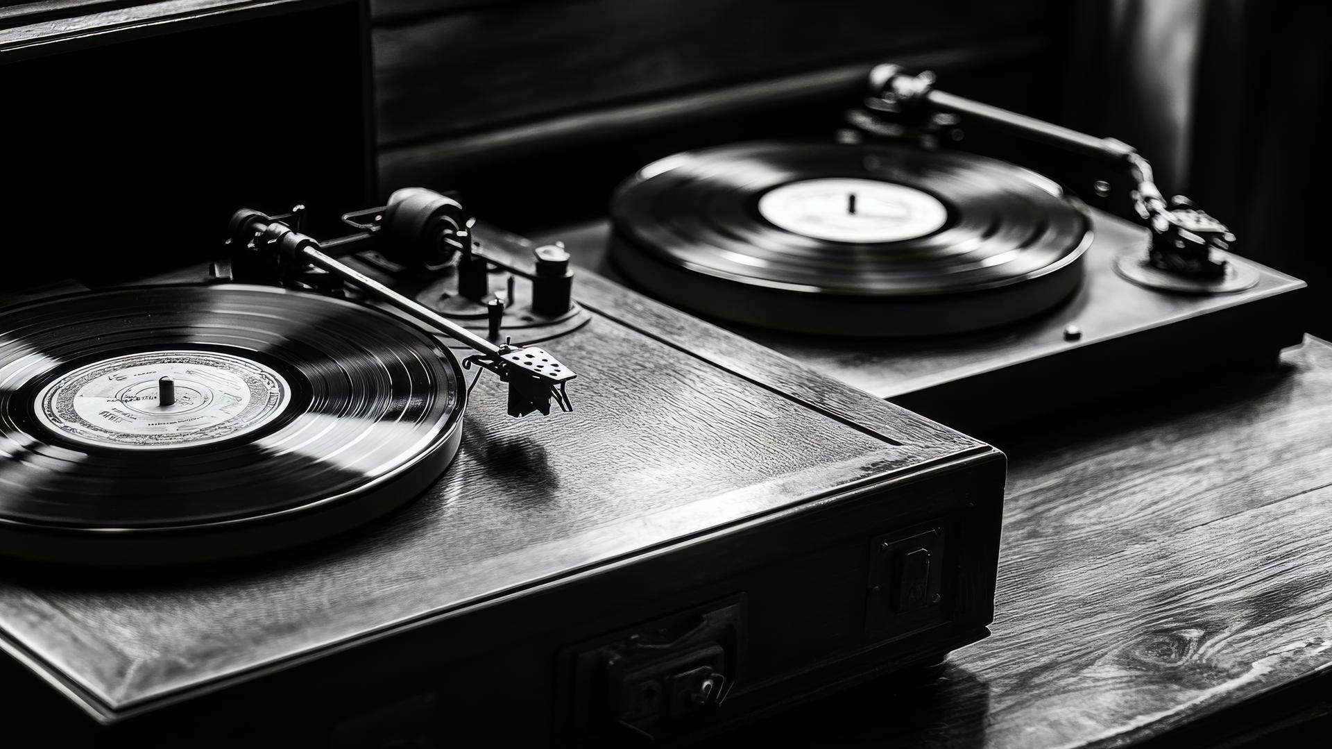black and white aesthetic wallpaper of vintage vinyl records and turntable