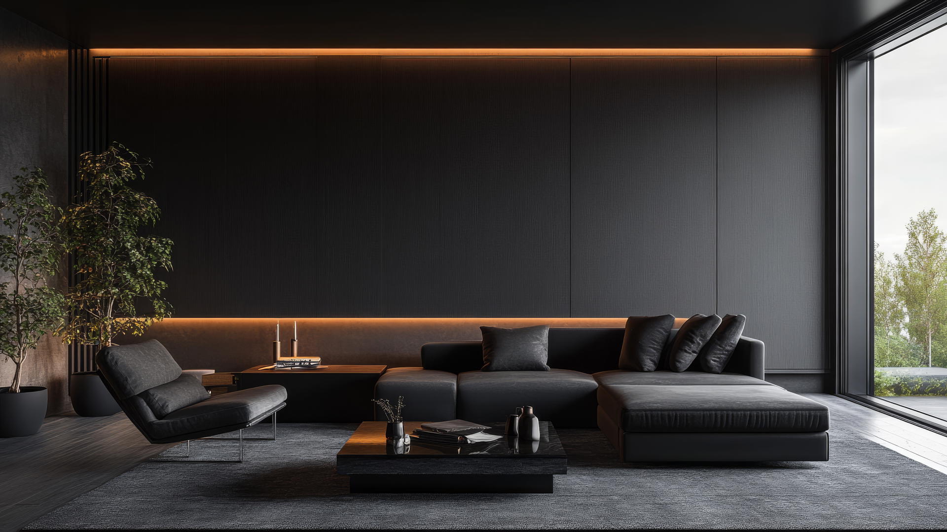 black aesthetic wallpaper in a sleek, modern living room with black furniture and soft lighting