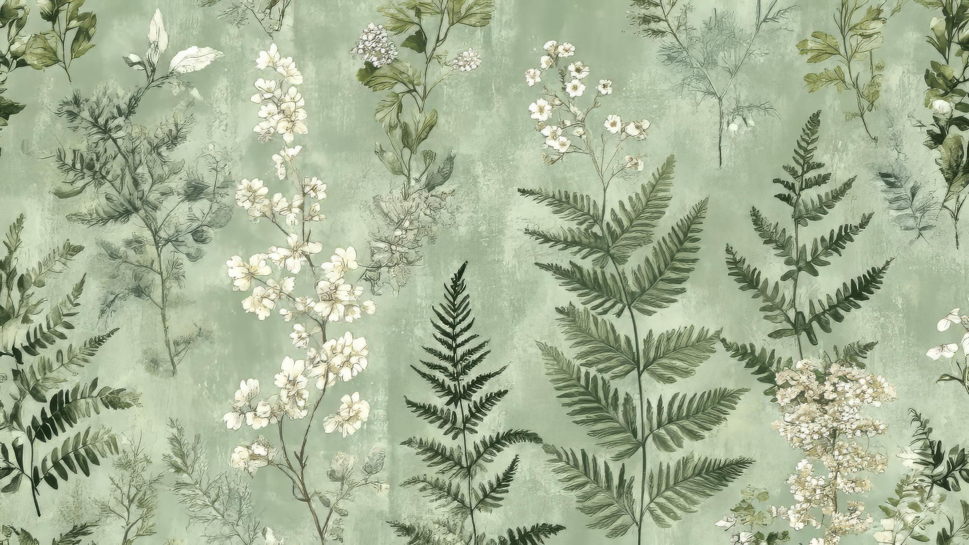 vintage botanical green floral wallpaper with ferns, ivy, and herbs