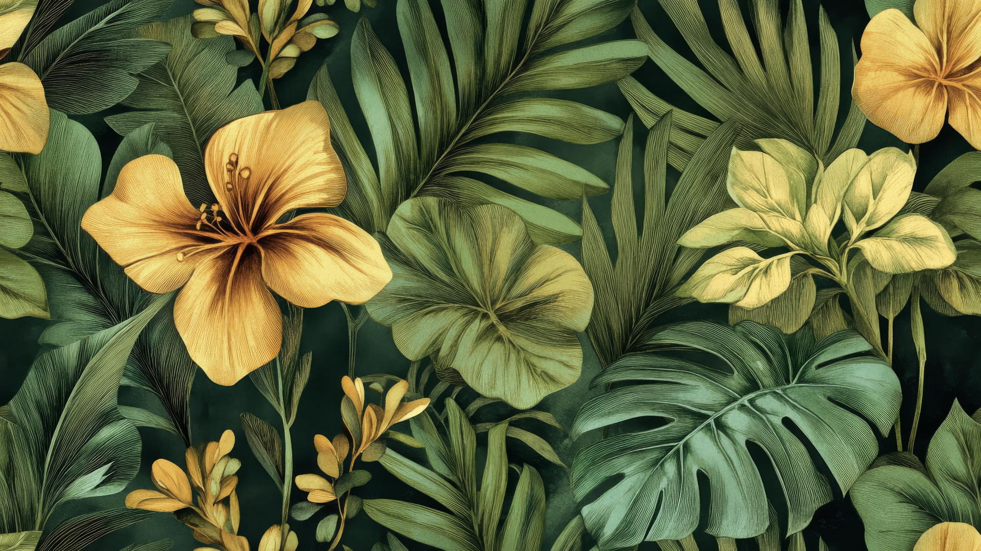 green floral wallpaper with hand-drawn tropical leaves and exotic flowers