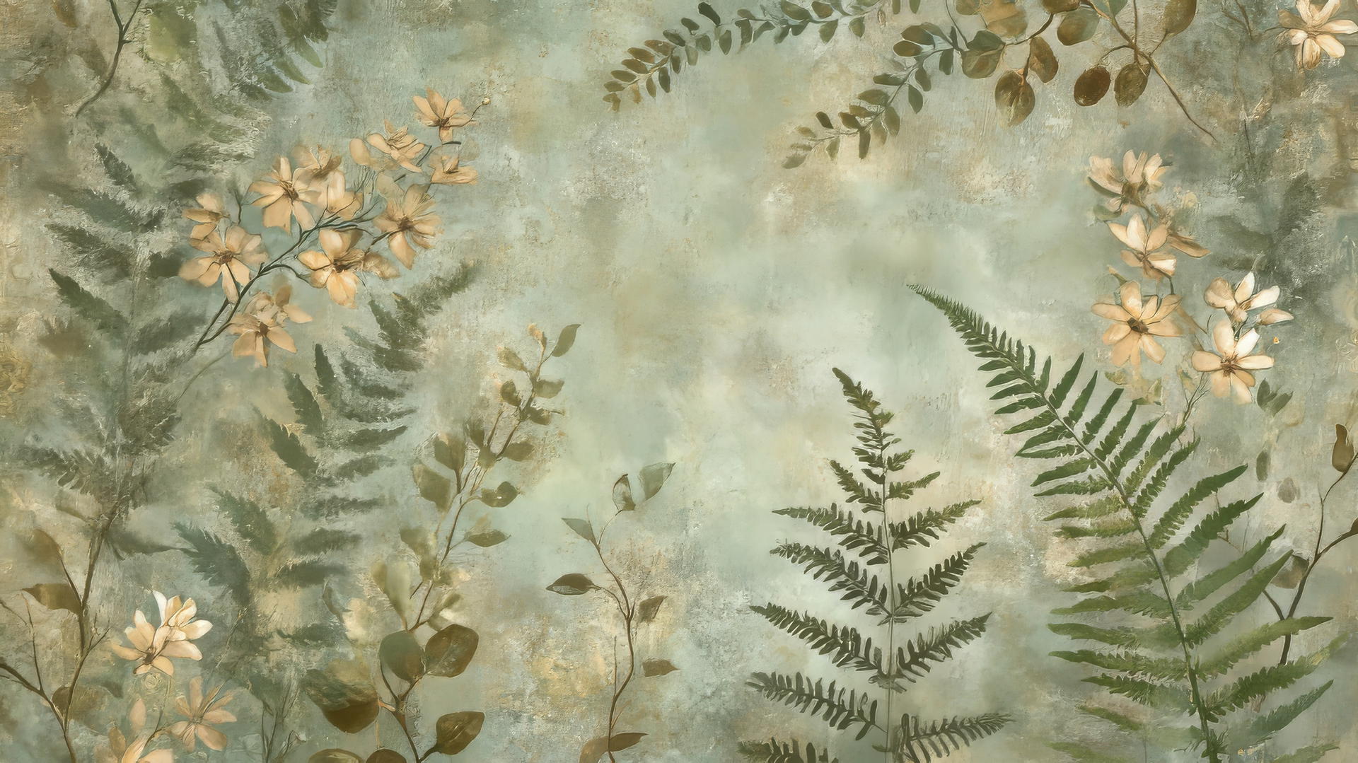 green floral wallpaper with fern leaves and small flowers