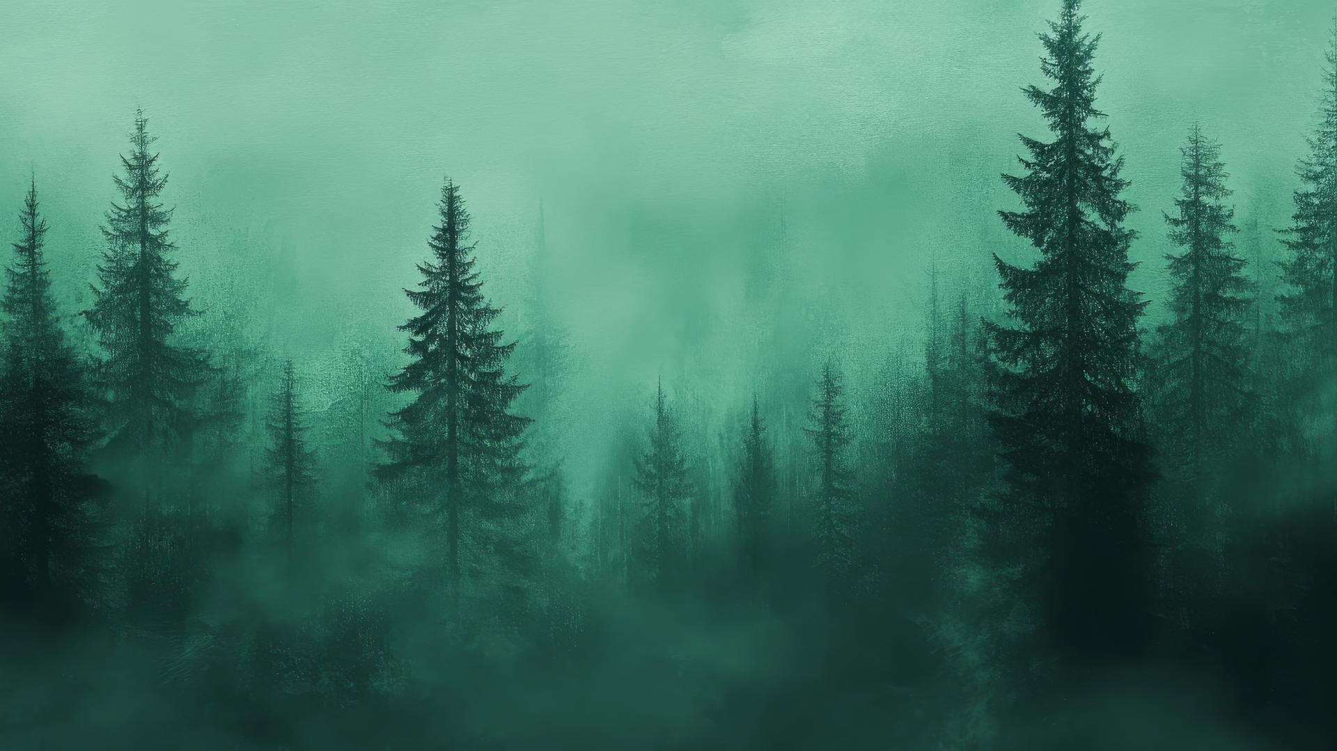 A serene emerald green wallpaper with dark green trees in soft mist.