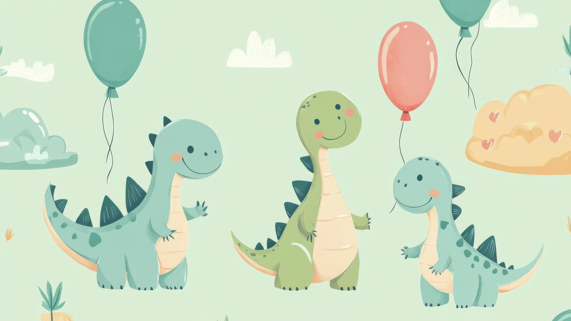 cute green wallpaper with chubby dinosaurs playing with balloons