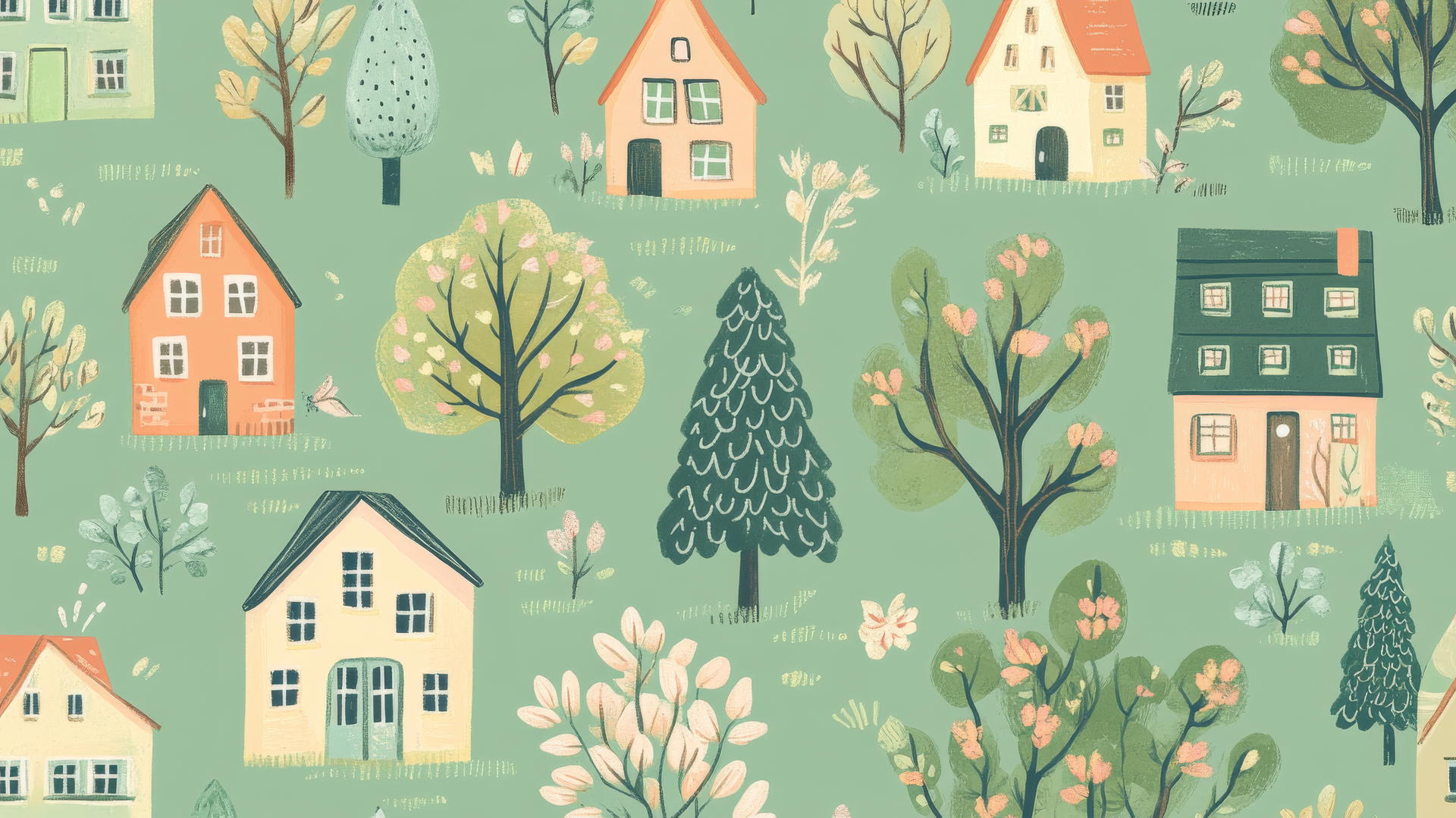 cute green wallpaper with hand-drawn cartoon houses, trees, and flowers