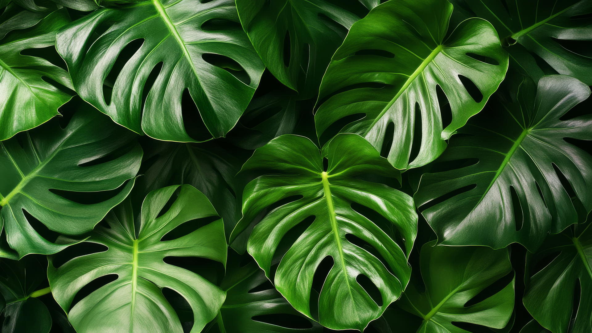 Stylish green aesthetic wallpaper with close-up of monstera leaves in natural light