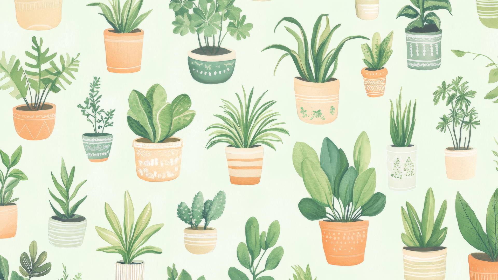 Whimsical green aesthetic wallpaper with hand-drawn houseplants.