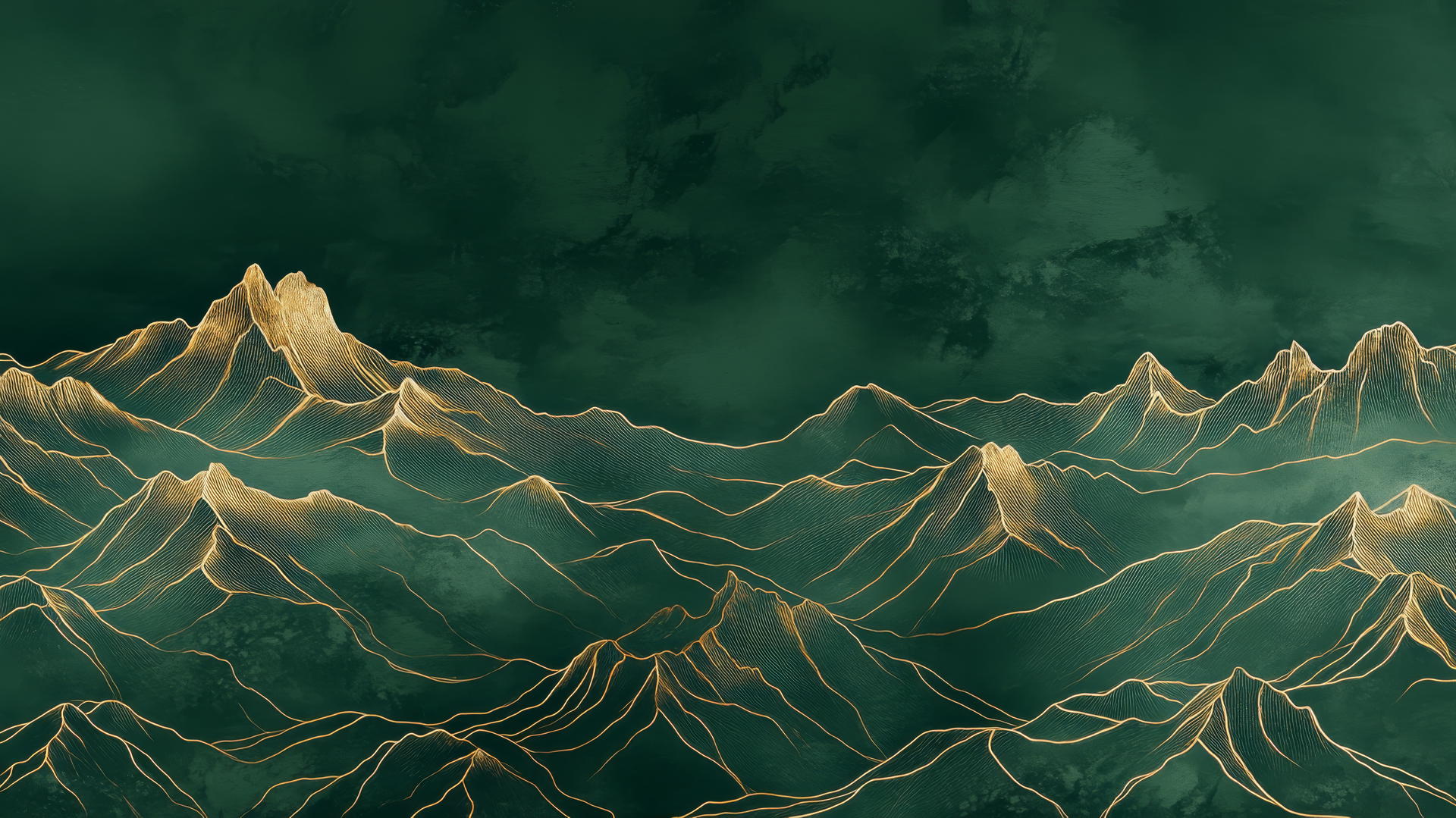 Minimalistic dark green wallpaper with gold-outlined mountain range