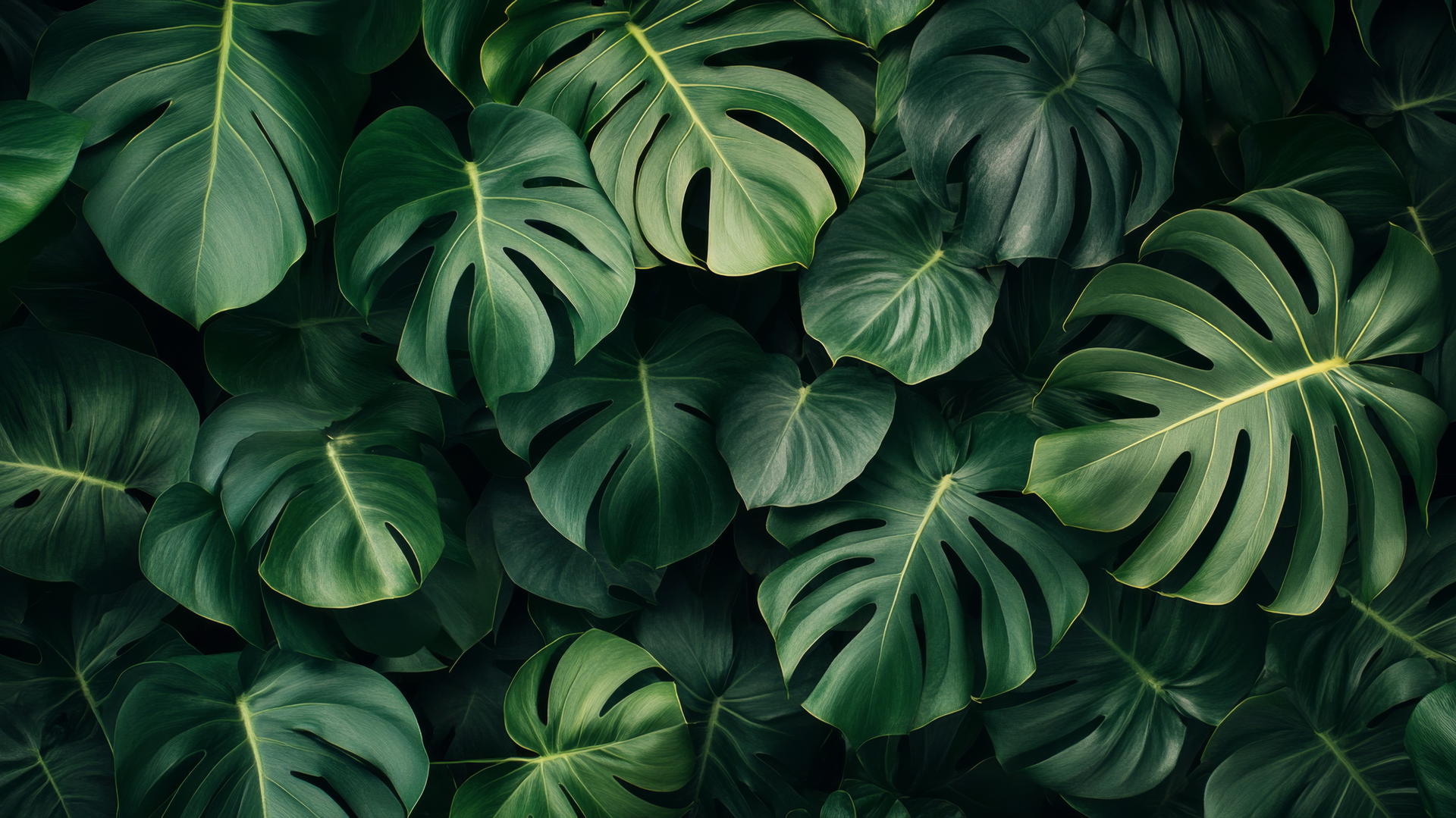 Dark green wallpaper with layered tropical leaves including monstera and palm