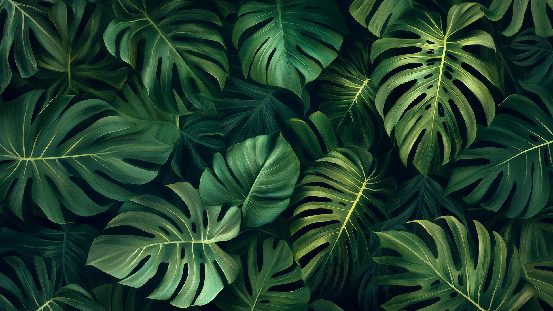 dark green wallpaper with dense tropical leaves like monstera and palm
