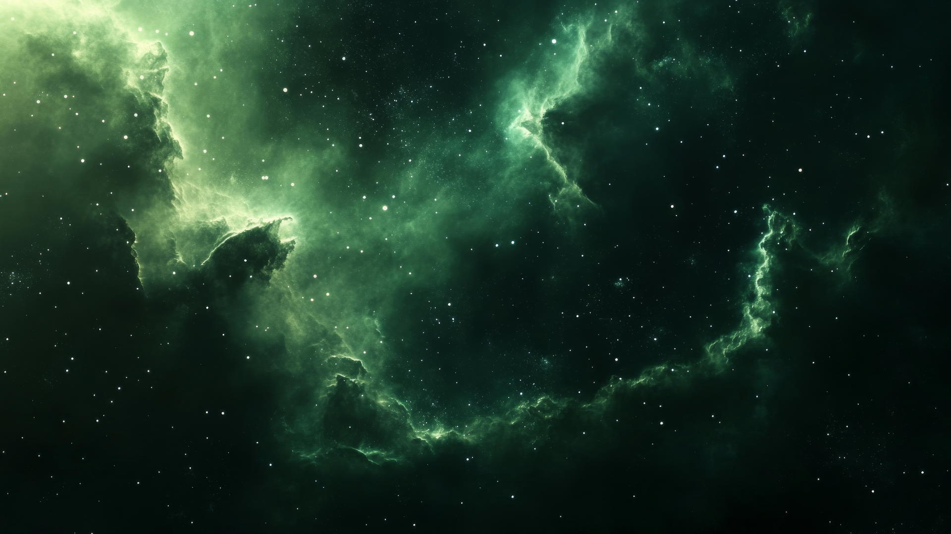Dark green wallpaper with cosmic scene, nebulae, and distant stars