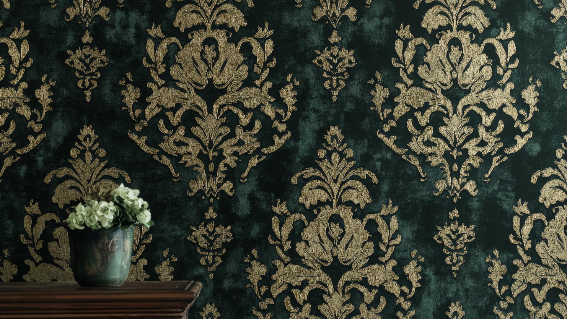 dark green wallpaper with vintage-inspired damask patterns