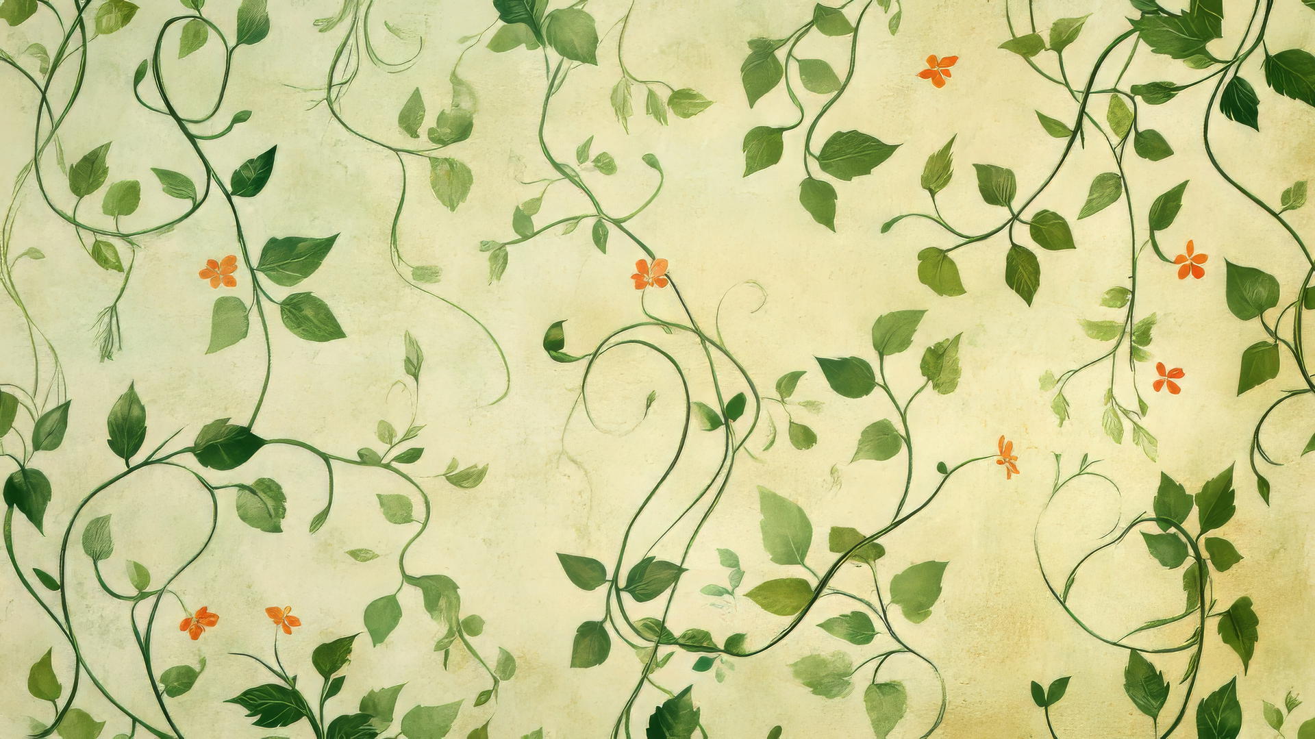 Whimsical green wallpaper with vines, tendrils, blooming flowers