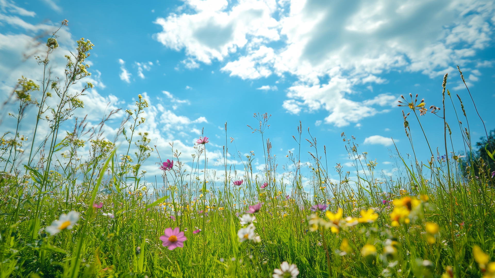 picturesque green wallpaper with green meadow and wildflowers