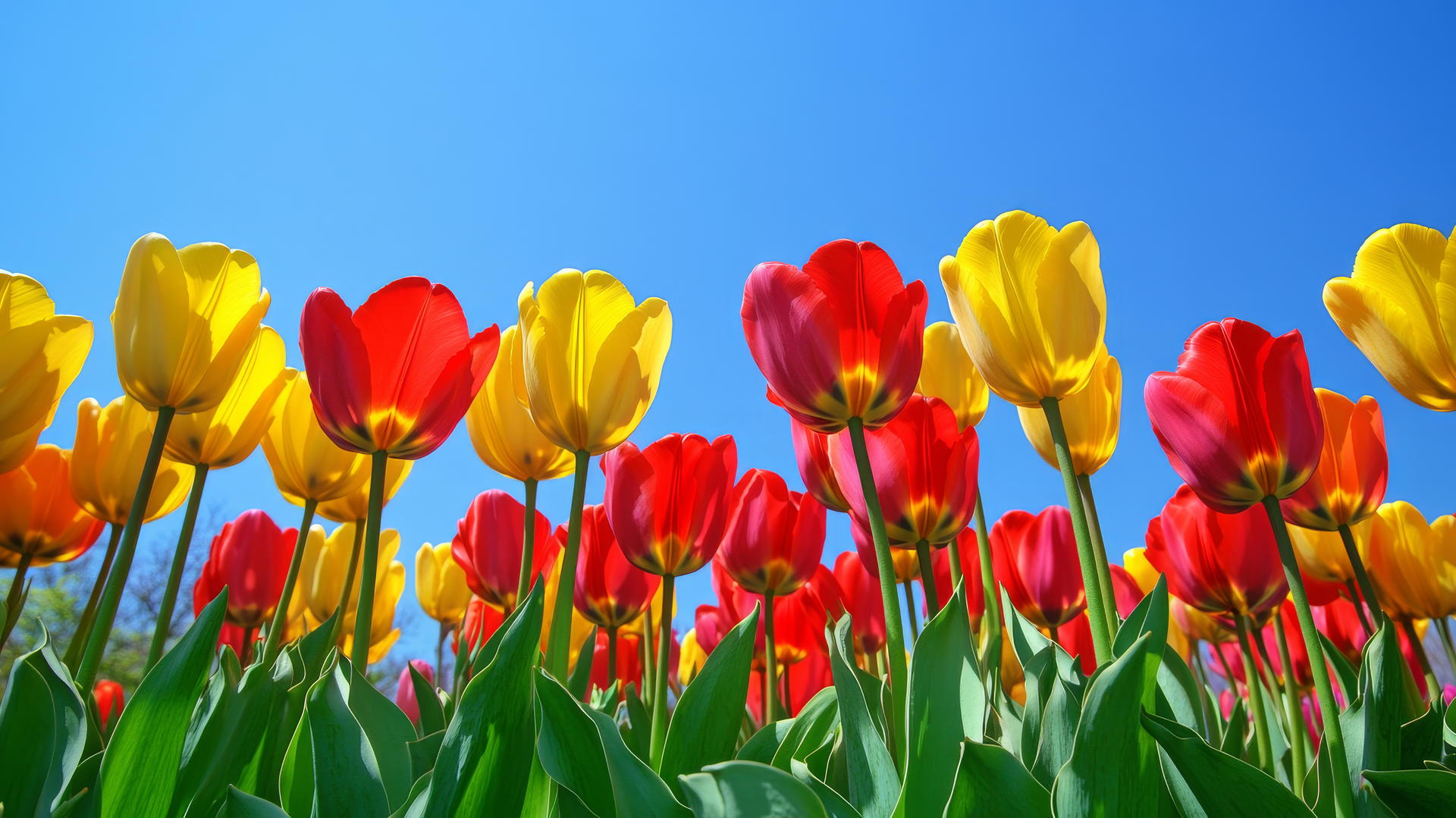 Vibrant flower nature wallpaper of a colorful tulip garden in spring