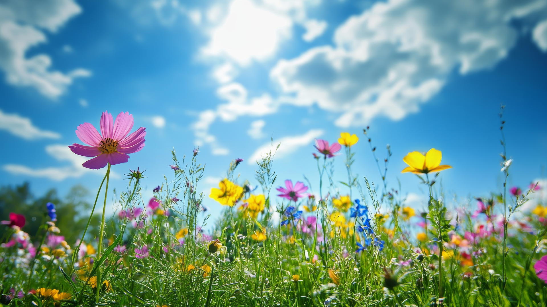 Vibrant flower nature wallpaper of wildflower meadow in spring under sunny sky