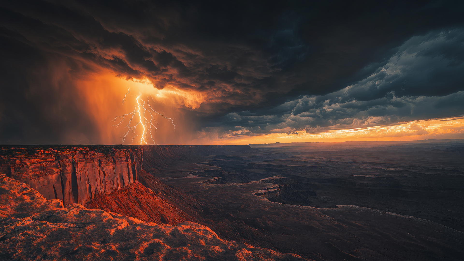 Beautiful nature wallpaper 4k: thunderstorm over vast desert landscape with lightning.
