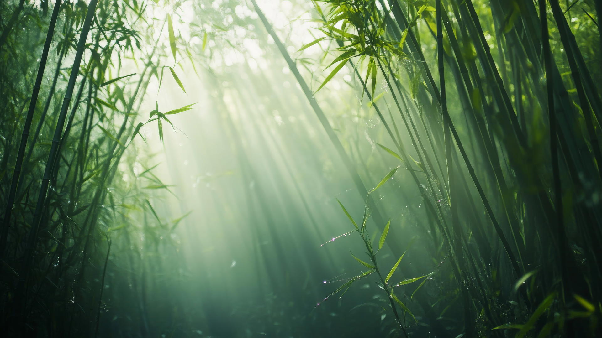 beautiful nature wallpaper 4k of a misty morning in a dense bamboo forest with sunlight filtering through