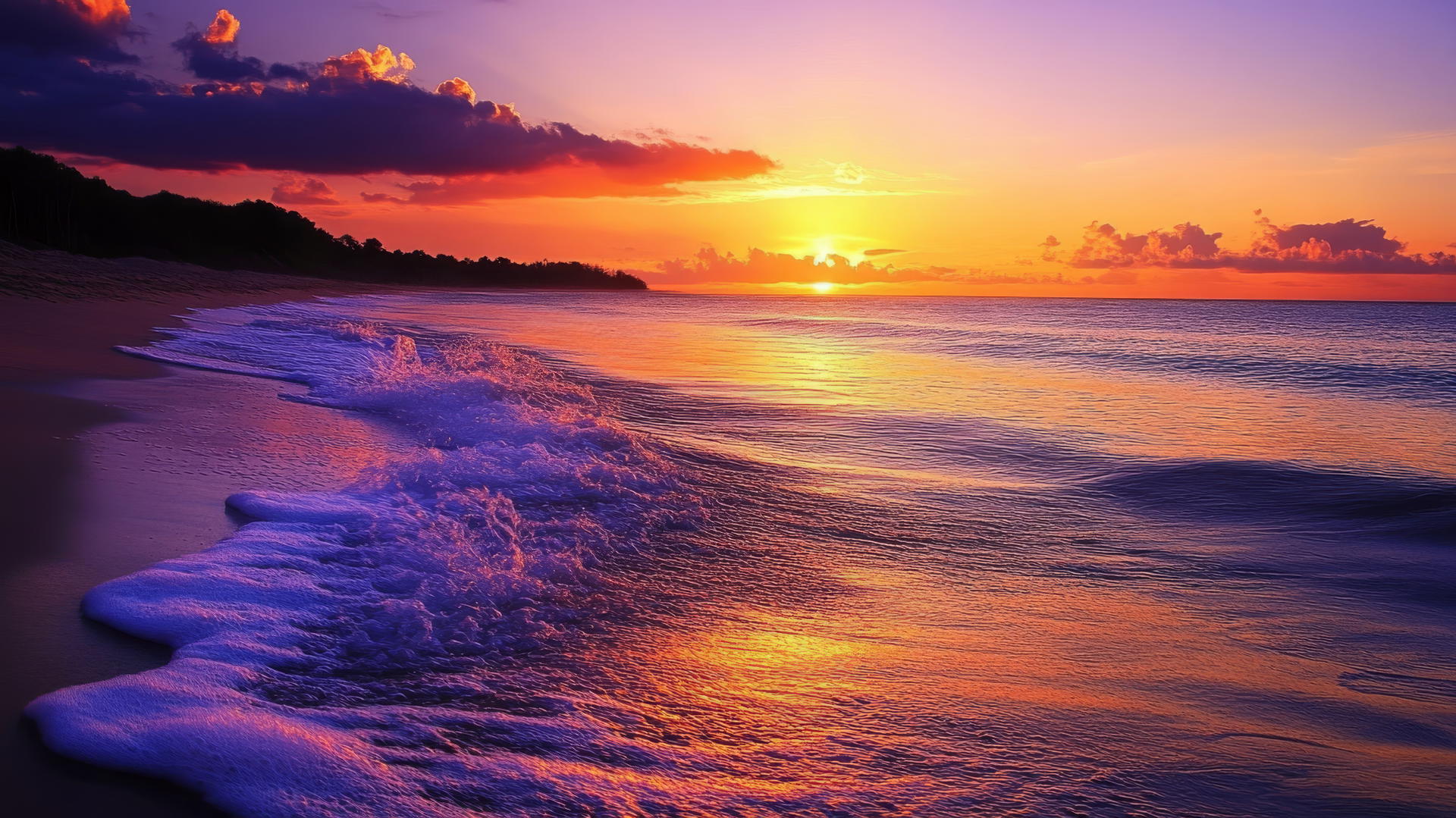 peaceful beach scene with gentle waves, dramatic sunset, nature wallpaper