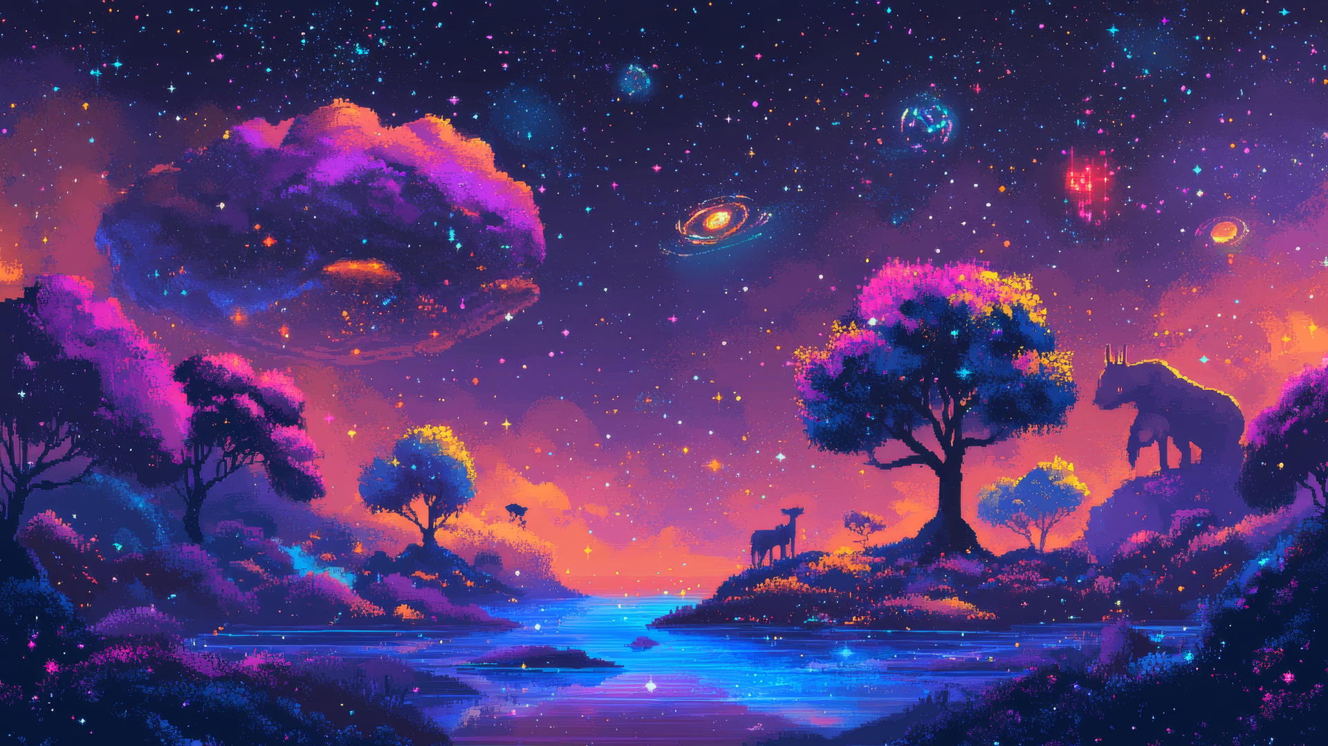 y2k star wallpaper with floating digital island, neon trees, pixelated animals, and holographic constellations