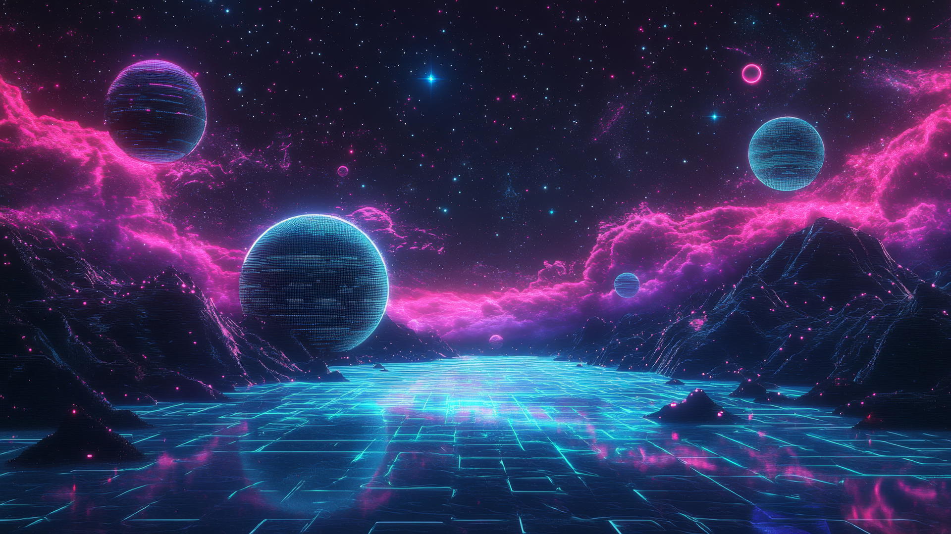 Y2K star wallpaper with neon stars, pixelated planets, and holographic comets in virtual space.
