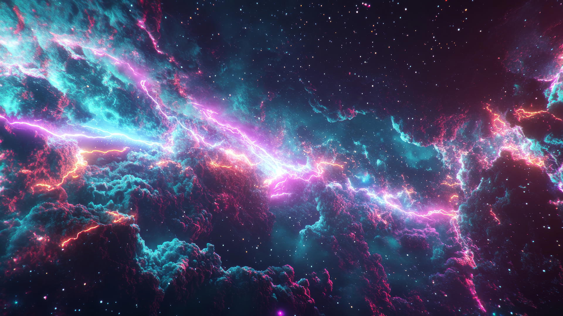 Energetic Y2K wallpaper with glitch effects, neon lightning bolts, pixelated starbursts