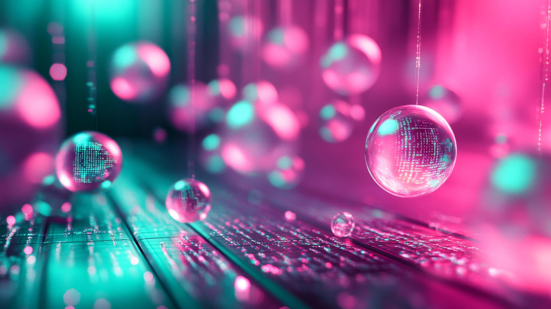 Y2K wallpaper with holographic metallic grid, translucent orbs, and digital code in pink and teal