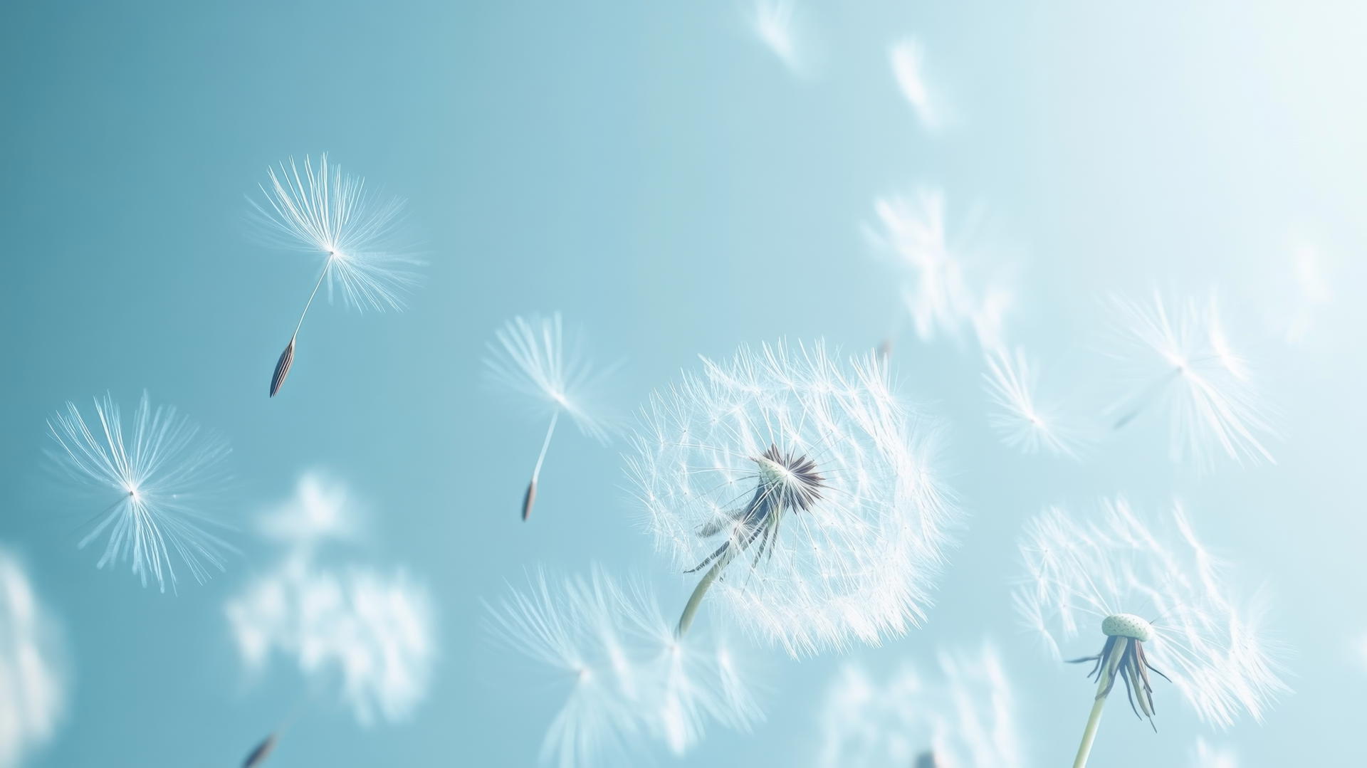 Dandelion seeds blowing against light blue wallpaper