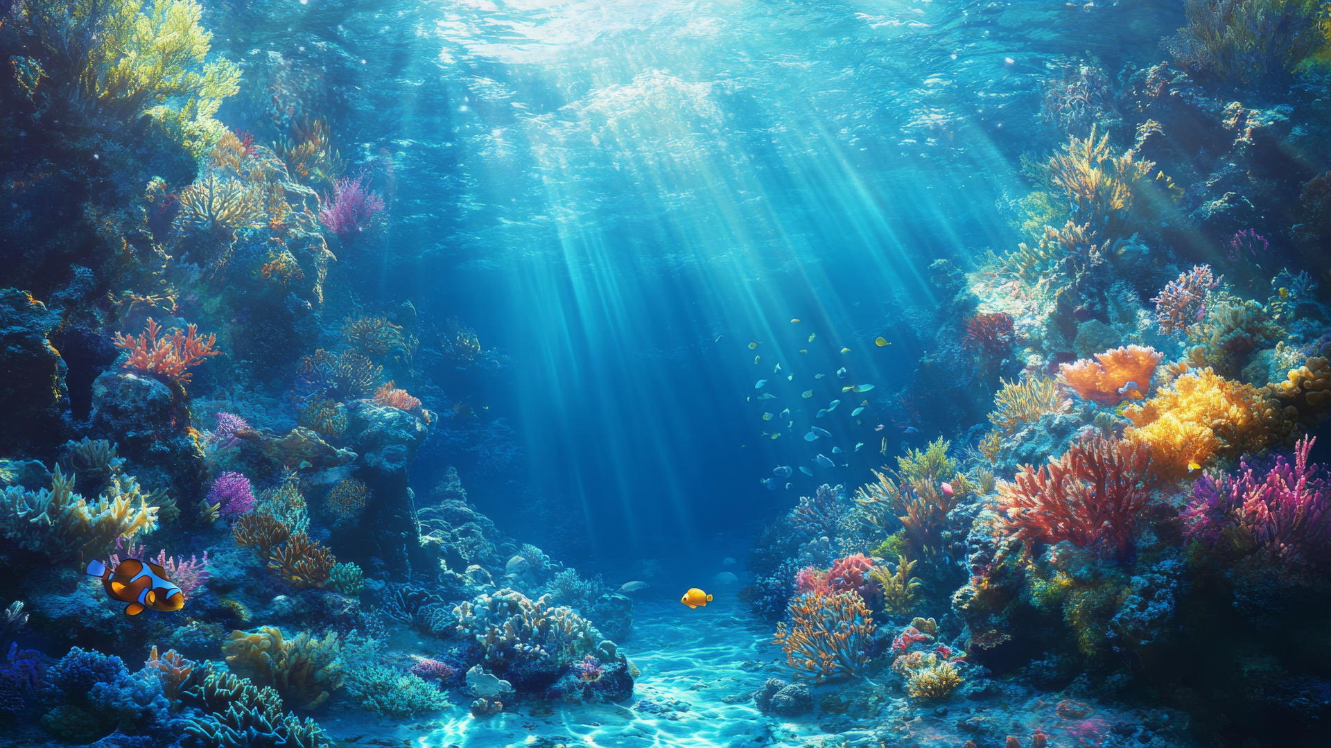 blue wallpaper aesthetic with vibrant ocean reef, coral, and exotic fish