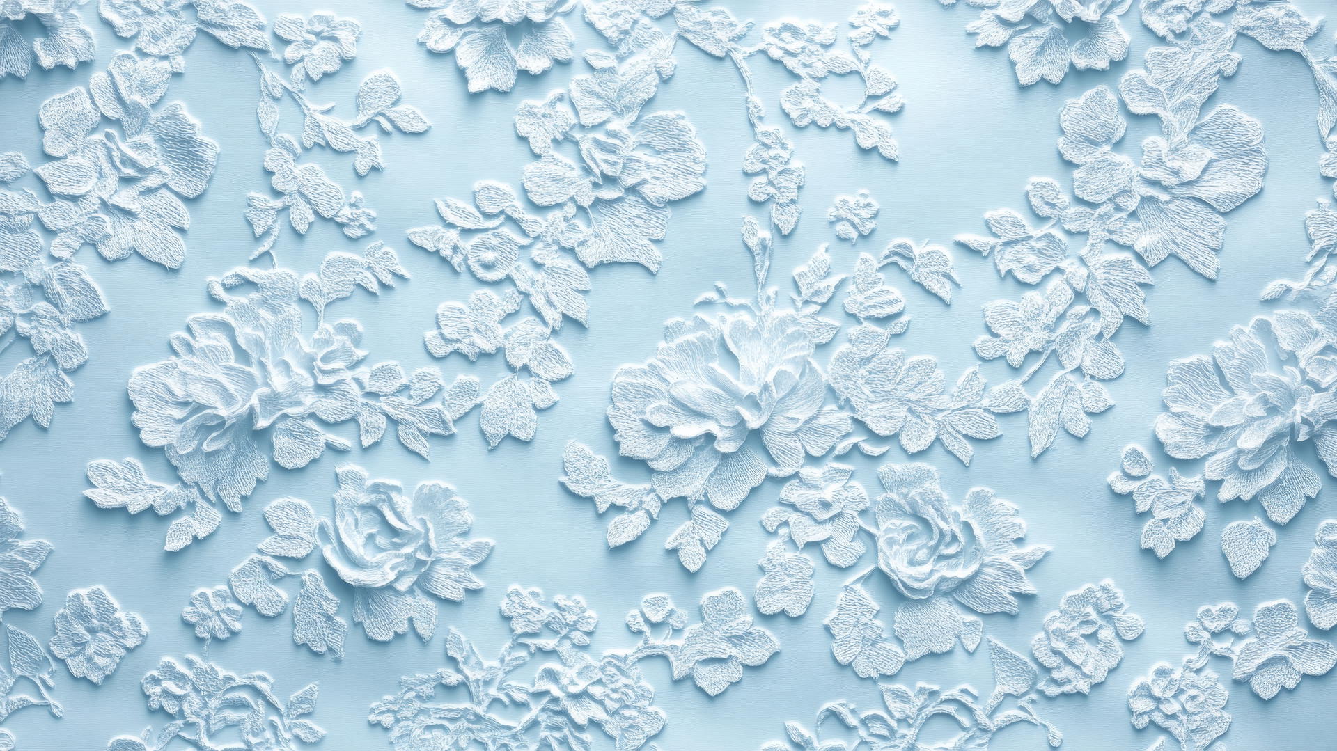 intricate baby blue wallpaper with lace and floral motifs