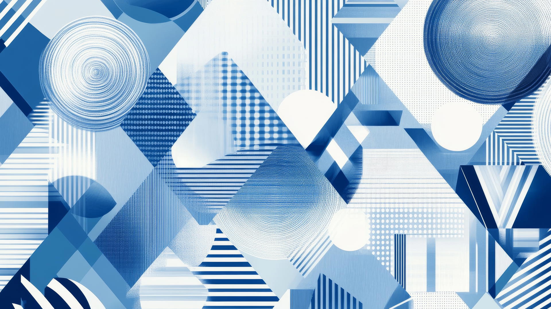 Blue and white wallpaper with geometric pattern of triangles, circles, and hexagons.