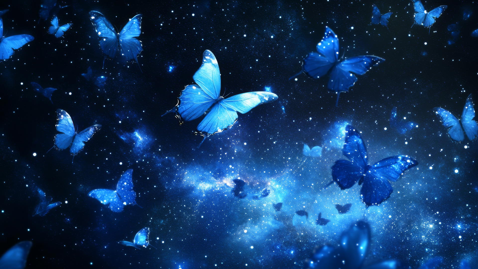 blue butterfly wallpaper, glowing blue butterflies in a starry night sky
