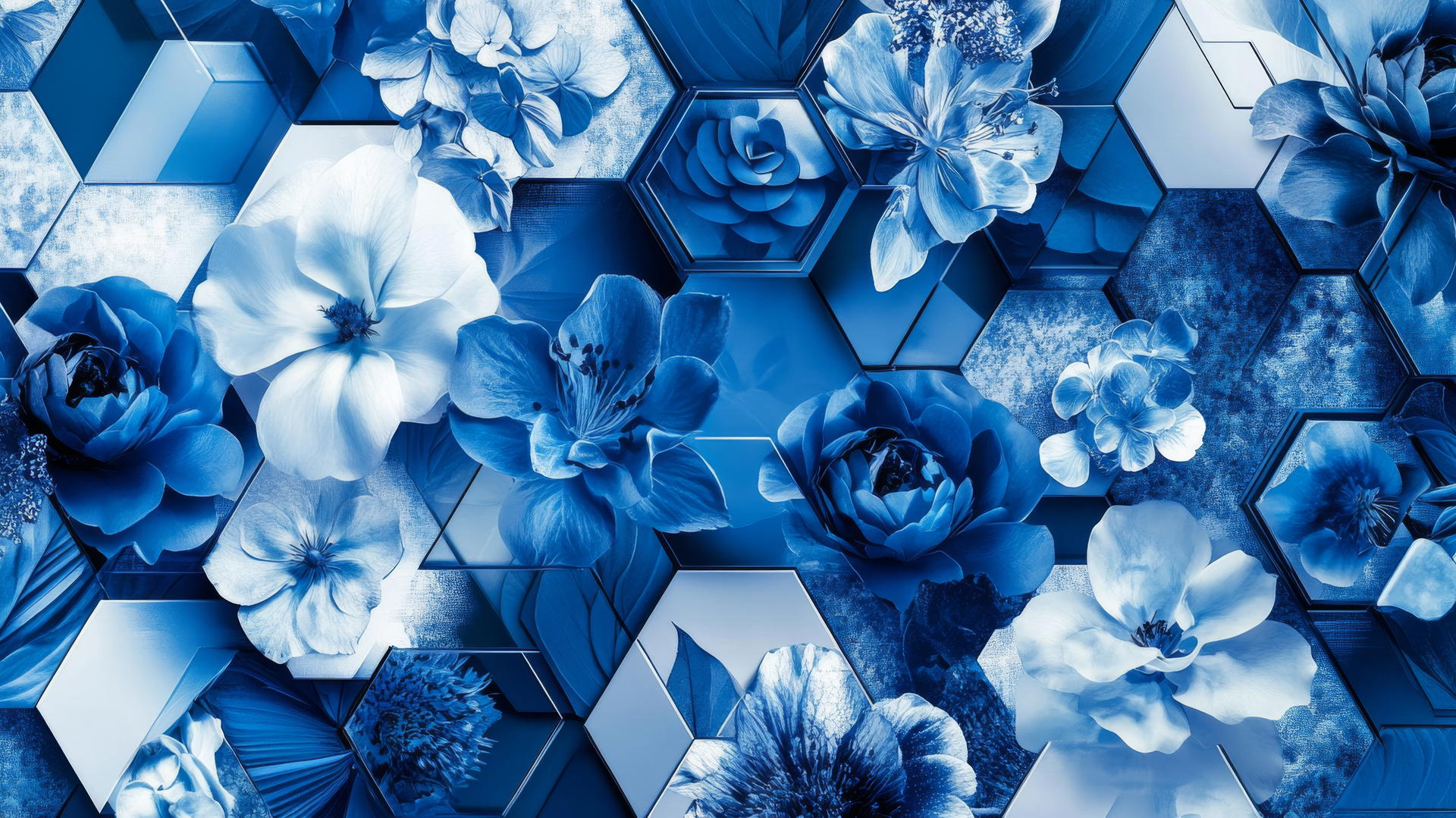 blue floral wallpaper with geometric shapes like hexagons and triangles