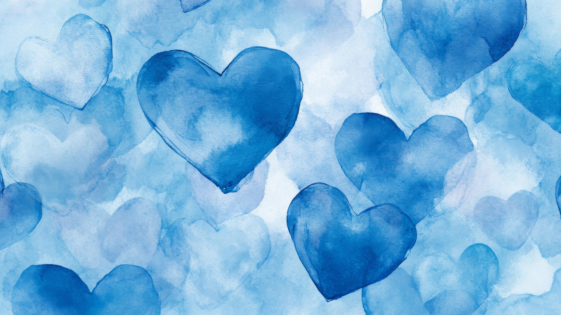 Watercolor blue hearts softly blending on a light blue background, blue heart wallpaper
