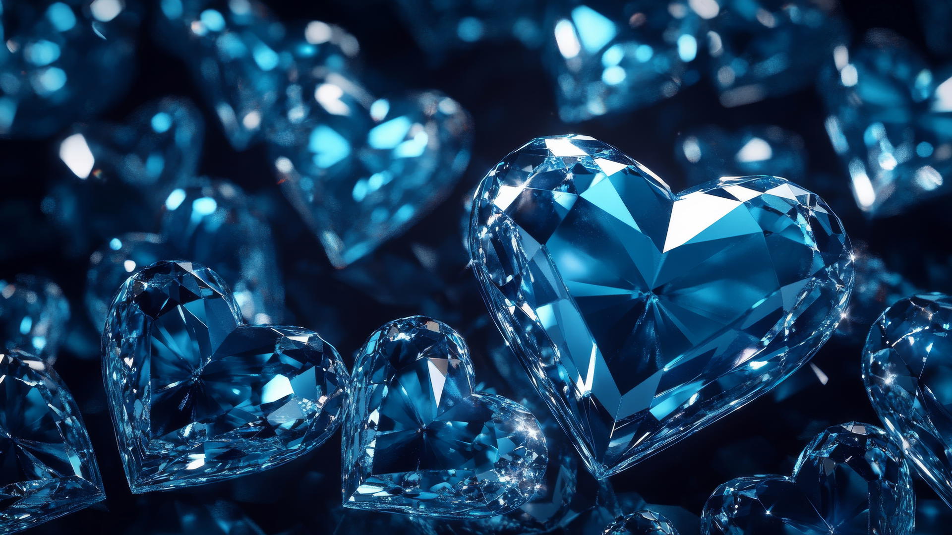 shimmering blue heart-shaped crystals on dark blue backdrop, blue heart wallpaper