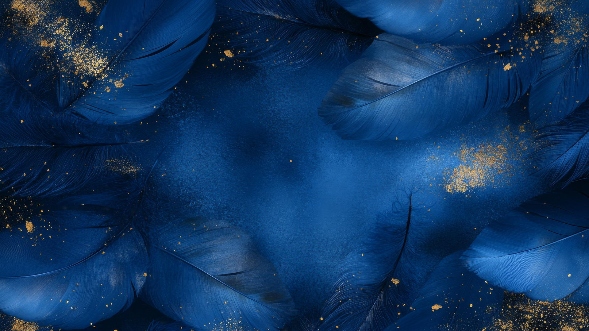royal blue wallpaper with elegant blue feathers and gold dust