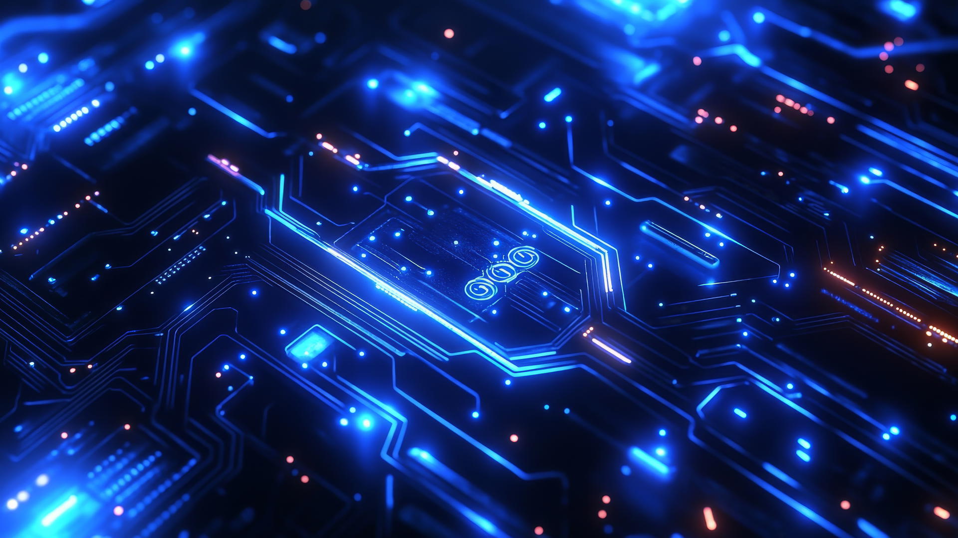 Futuristic digital circuit board design in royal blue tones, with glowing lines and nodes.