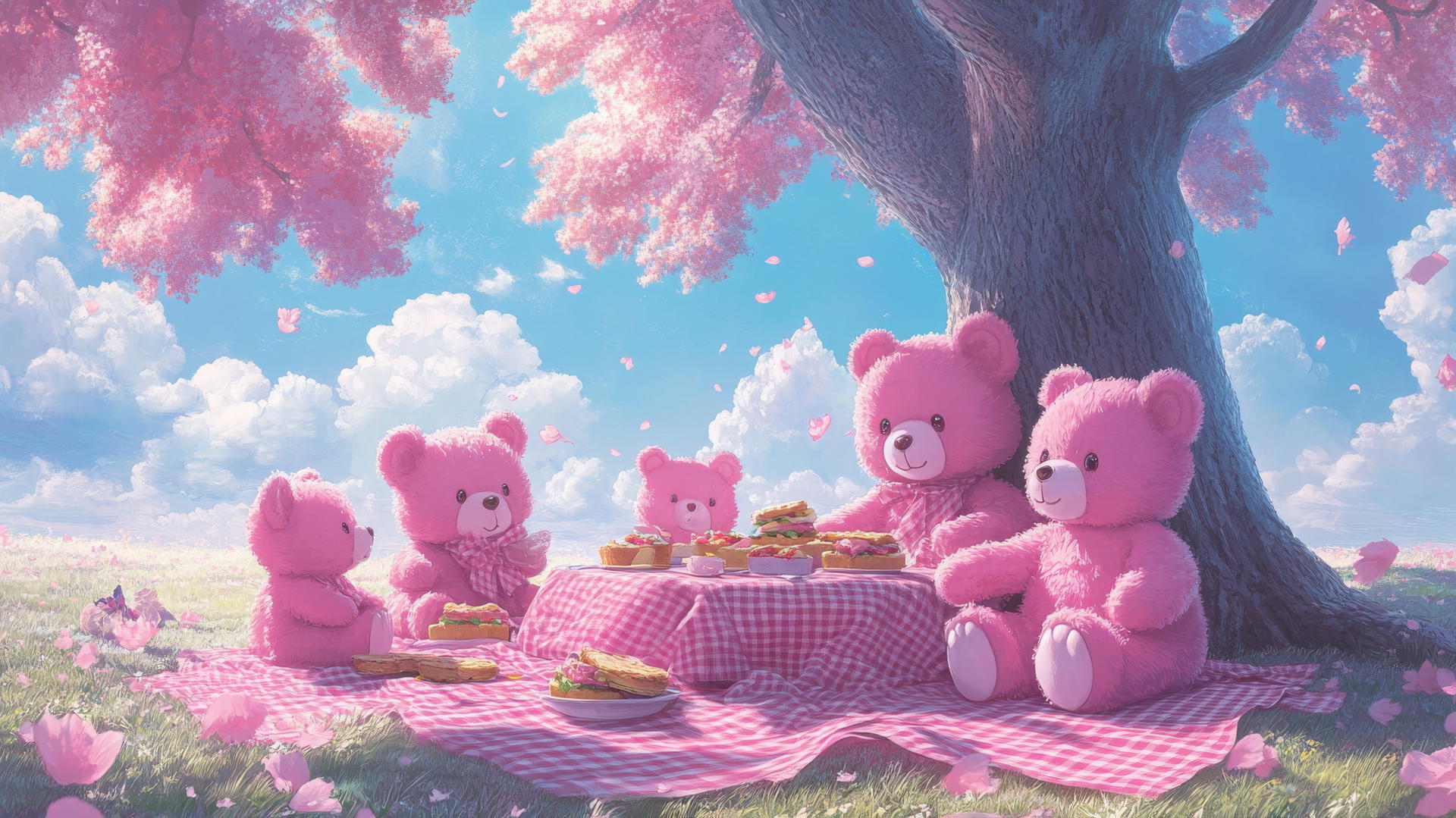 Cute pink wallpaper of fluffy teddy bears having a picnic under a big tree with a pastel blue sky