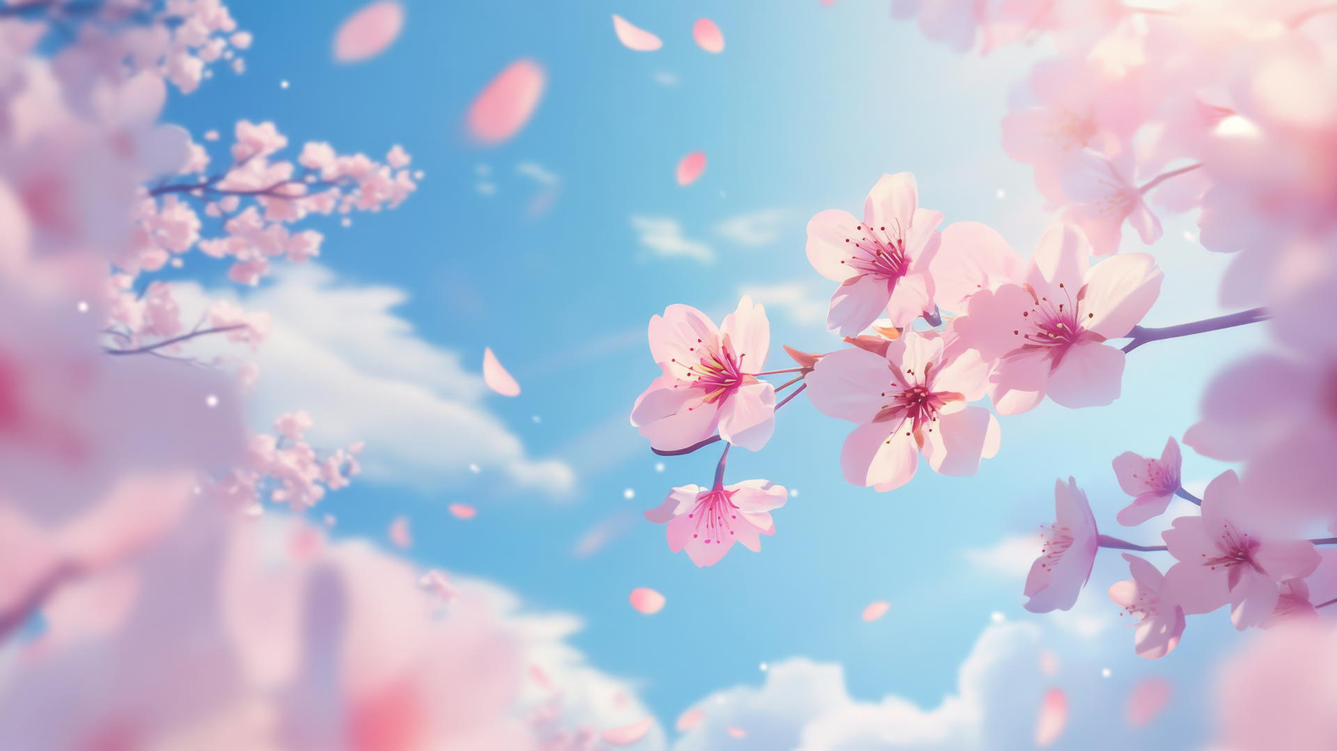 pink and blue wallpaper with pink cherry blossoms against a bright blue sky