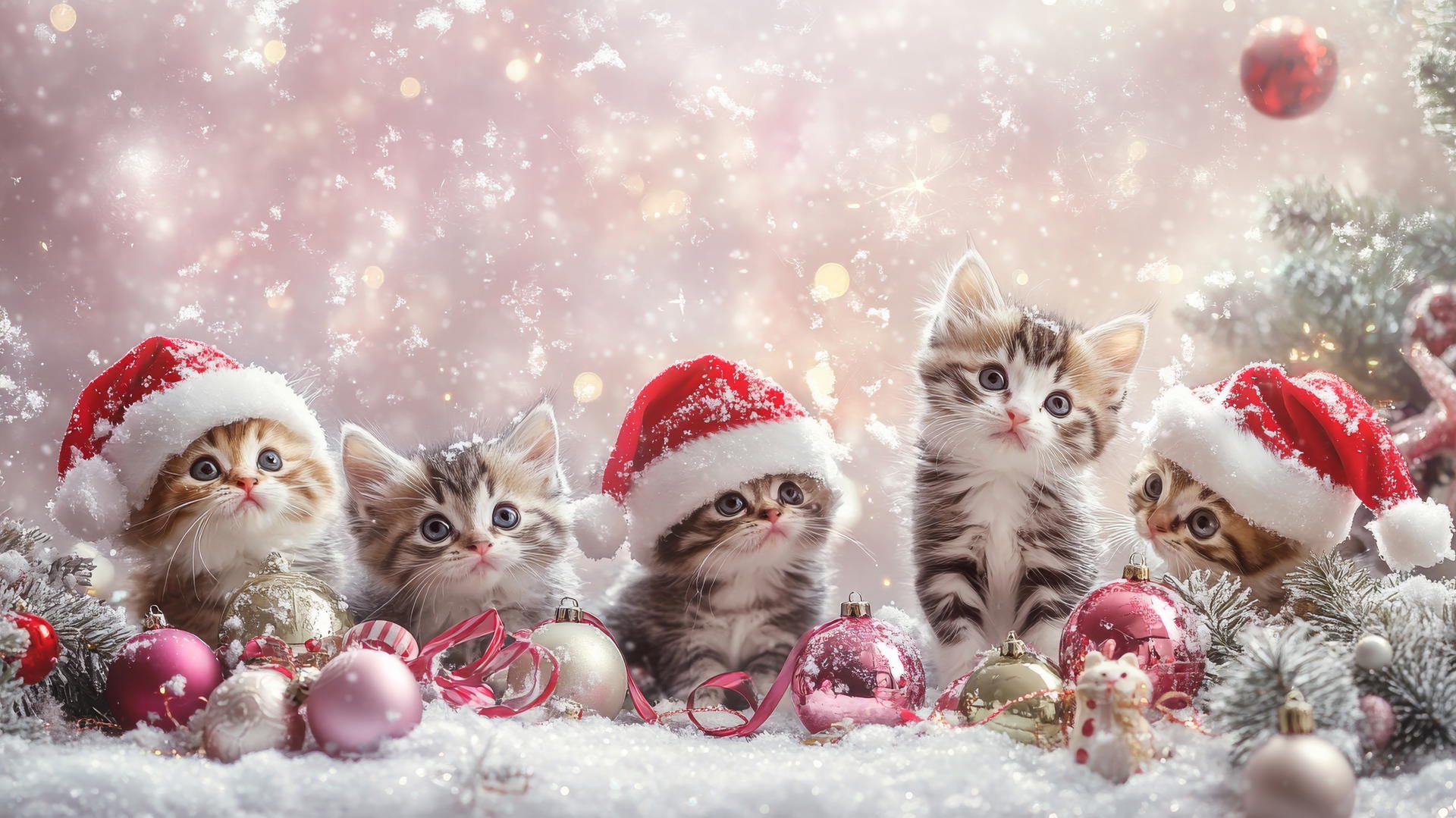 girly cute Christmas wallpaper with kittens in Santa hats