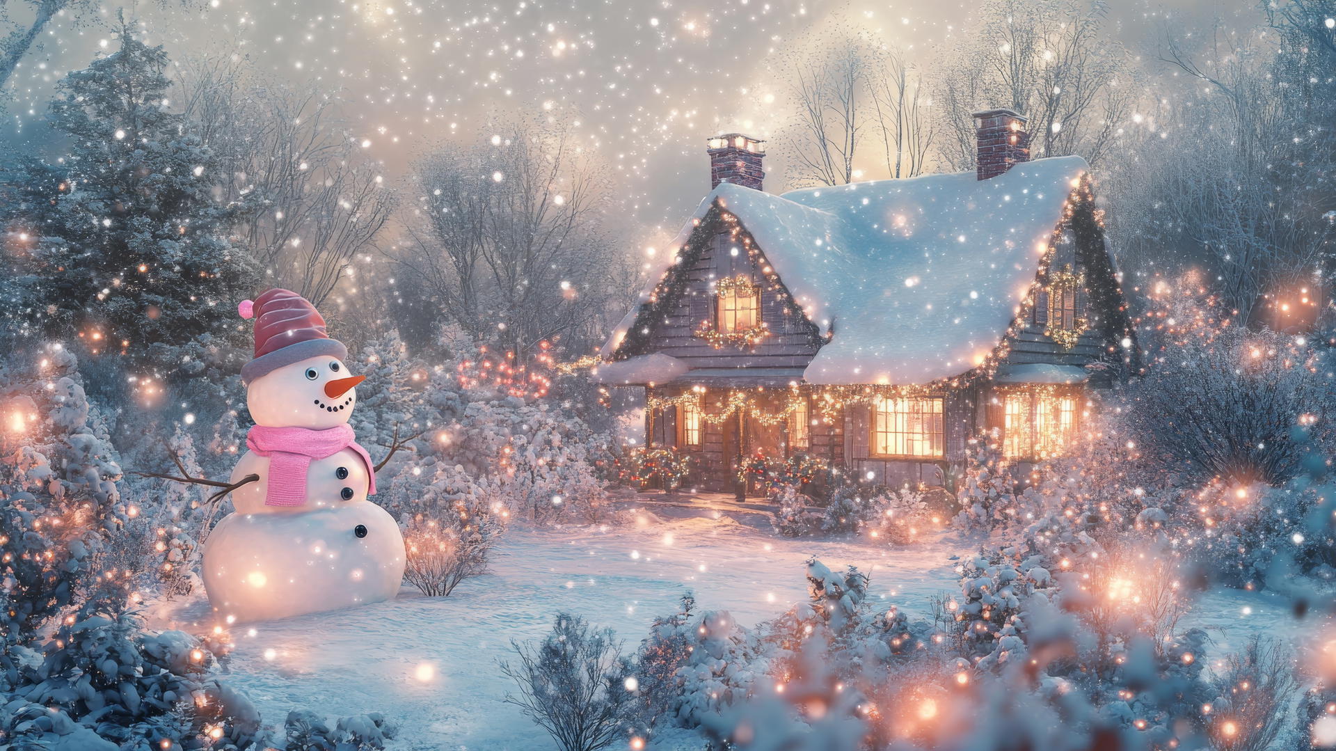 Girly cute Christmas wallpaper with pastel-colored scene of cottage, snowman, and fairy lights.