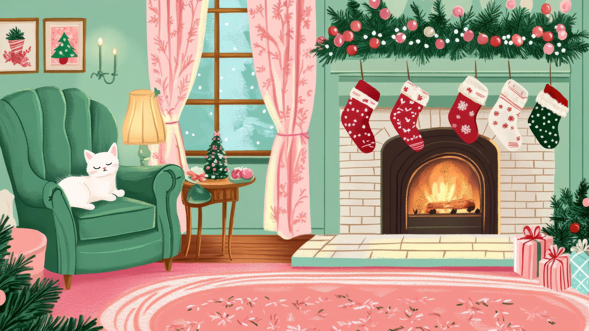 girly cute Christmas wallpaper with pastel pink and mint green accents, lit fireplace, and a kitten in a stocking