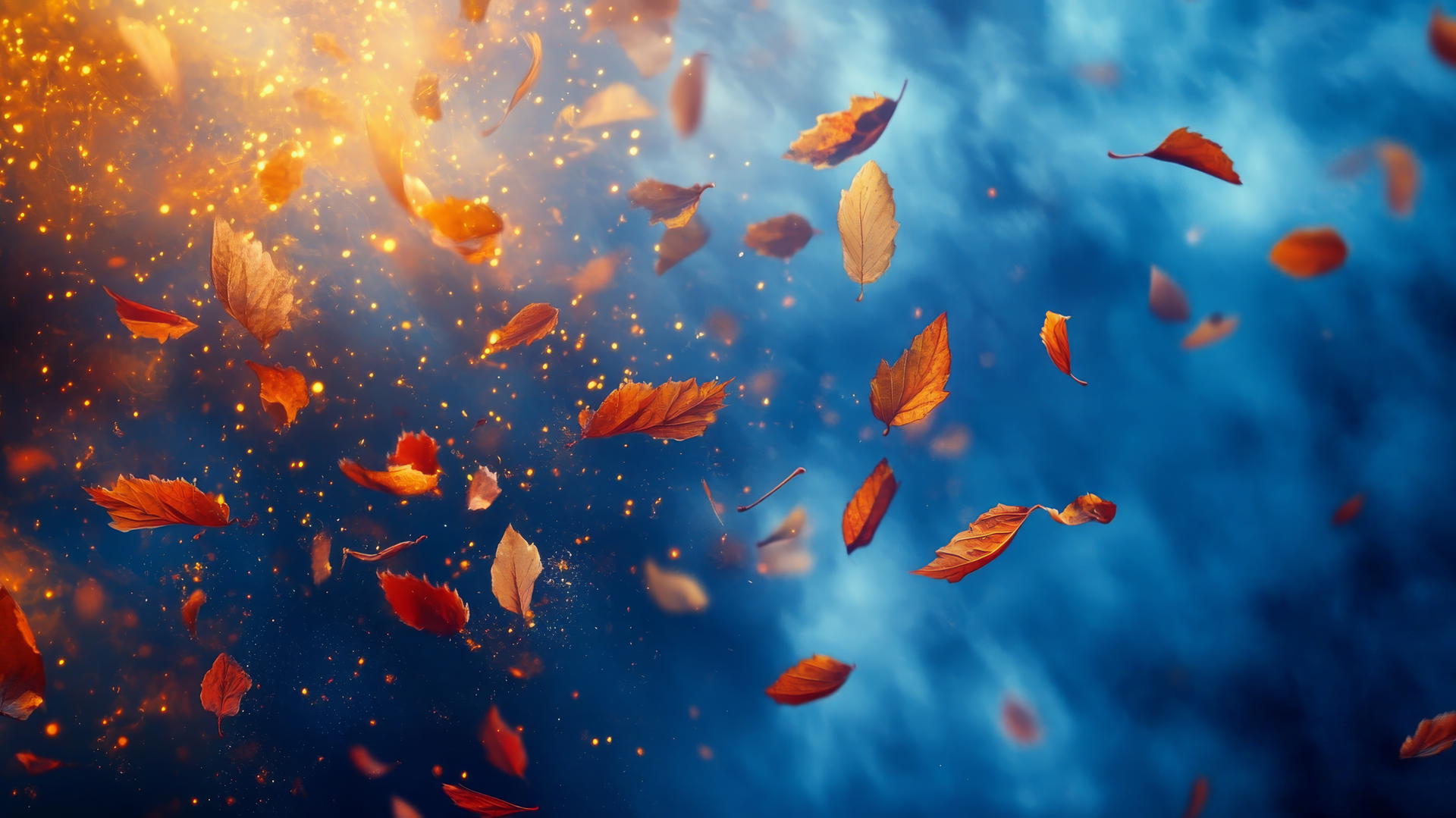 thanksgiving wallpaper with falling autumn leaves and swirling golden light